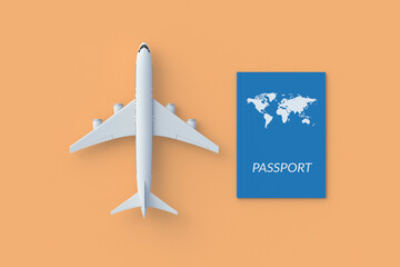 Passport near plane. Travel concept. Summer vacation. Worldwide journey. Top view. 3d render