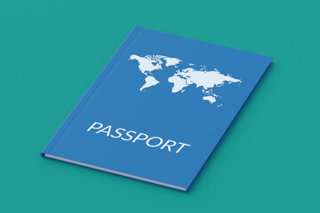Passport on green background. Travel concept. Summer vacation. Worldwide journey. 3d render