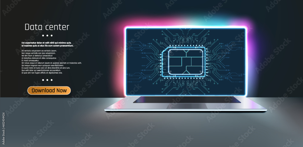 Poster a portable neon computer with a blank screen and a desk in a dark room with blue lighting. technolog