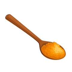 Turmeric powder in wooden spoon vector illustration. Cartoon isolated wood spatula with handle and spice for cooking, organic orange flour of turmeric for using in culinary, Ayurveda medicine