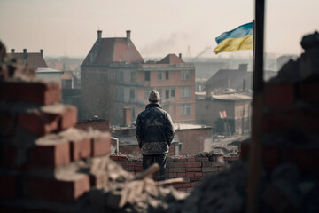 Unrecognizable man observing a city from a construction site near a Ukrainian flag, generative AI