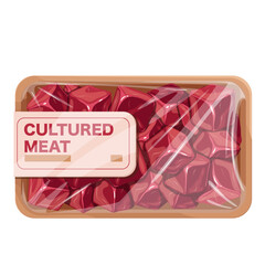 Cultured beef meat in package with cellophane and plastic tray vector illustration. Cartoon isolated packaging with Cultured meat paper label and fresh red pieces of lab grown butchers product
