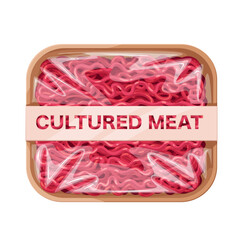 Cultured ground meat in plastic tray vector illustration. Cartoon isolated chopped meat for stuffings in package with polyethylene, packaging with minced product growing from beef or pork cells