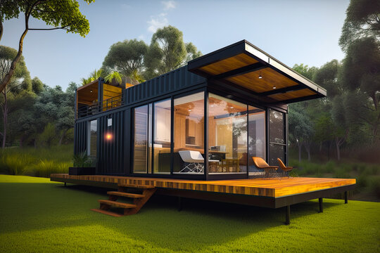 Container modular portable house with porch. Concept. Generative AI