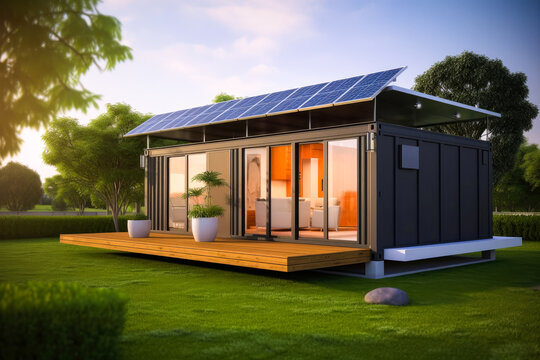 Container modular portable house with solar panels and porch. Concept. Generative AI