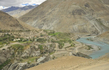 Sangam - Beautiful view of Confluence of the Zanskar and Indus rivers in Nimmu Valley, Union...