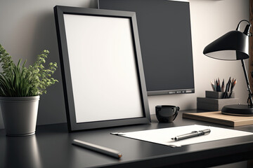 Frame mockup on office desk. Generative AI.