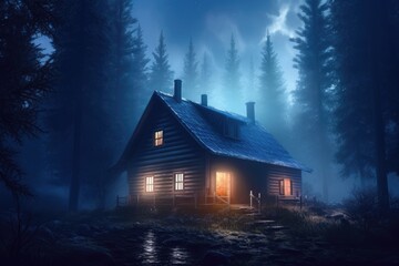 A cabin house in a forest at night with the lights on Generative AI