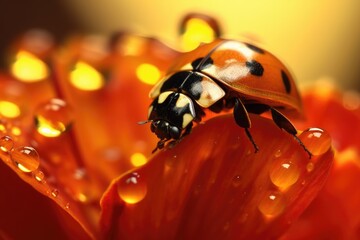 A ladybug on a flower with a yellow background Generative AI