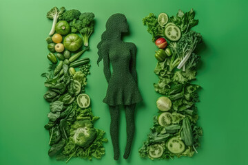 Woman diet concept. Silhouette of woman and vegetables. Healthy Lifestyle concept. Generative Ai