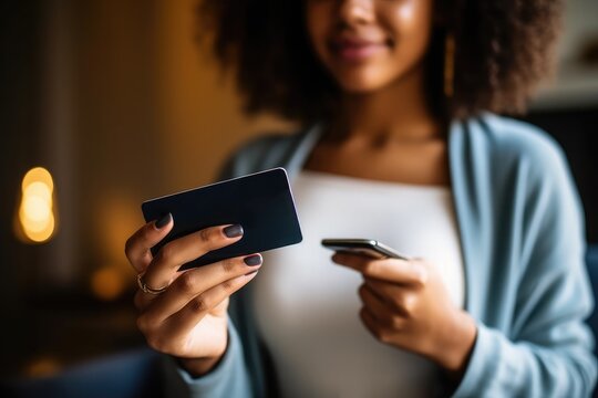 A woman holding a smart phone and a remote control in her hand Generative AI