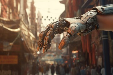 Obraz premium A hand holding a robot's hand is shown in a crowded street Generative AI