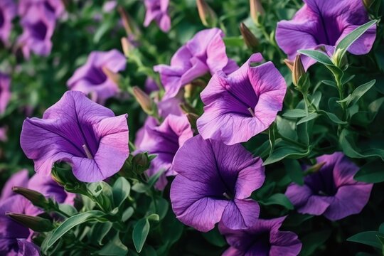 Purple mexican petunia beautiful blooming flower green leaf background. High quality photo --ar 3:2