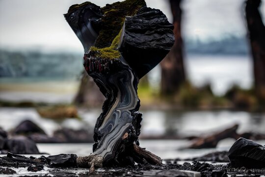 a distant photo of a abstract sculpture made of stone, obsidian, wood, roots and decay