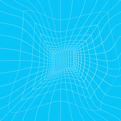 Distorted white square room wireframe in perspective on blue background. Hallway, studio, portal or box warped grid structure. Engineering, architecting or technical scheme