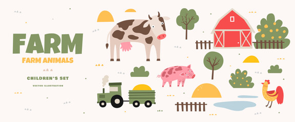 Village farm in cartoon style. Funny cow, pig, rooster and tractor. Template for use in banner design for village festivals, children's books. Funny vector illustration on isolated background.