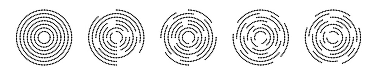 Circular ripple icons pack. Concentric circles with polka dot interrupted lines. Vortex, sonar or sound wave, sunburst, signal signs isolated on white background