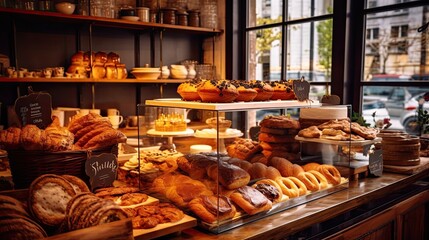 A charming bakery with mouthwatering cakes, pastries, and bread on display behind a glass counter. Generative ai