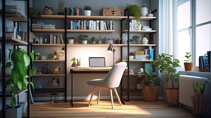 A cozy and well-organized home office with a modern desk, ergonomic chair, and stylish office supplies. Generative ai