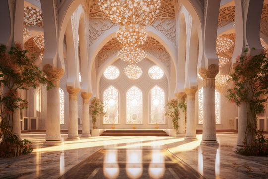 Islamic architecture interior, mosque, palace. Generative AI