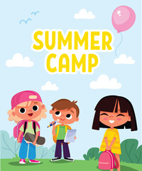 School children with backpacks and notebooks. Group of students. Landscape with school building. Boy and girls standing outdoors.