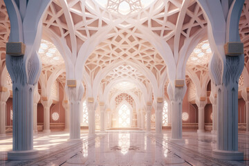 Fototapeta na wymiar Islamic architecture interior, tessellation, pillars, columns, mosque, palace. Generative AI