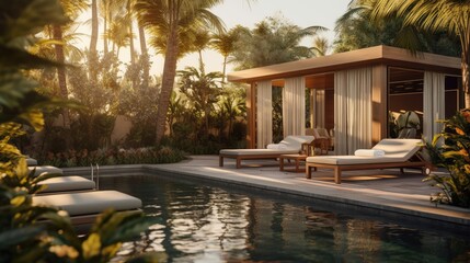 A luxurious day spa with a tranquil pool, private cabanas, and lush tropical plants. Generative ai
