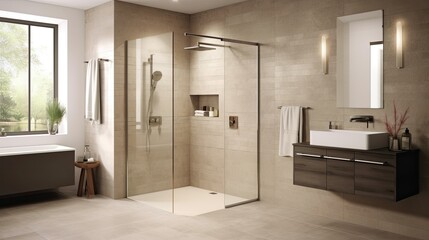 A luxurious walk-in shower with rainfall showerhead and glass enclosure. Generative ai