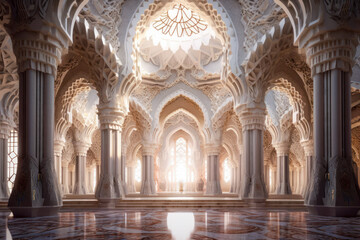 Islamic architecture interior, pillars, columns, mosque, palace. Generative AI