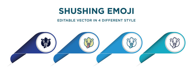 shushing emoji icon in 4 different styles such as filled, color, glyph, colorful, lineal color. set of   vector for web, mobile, ui