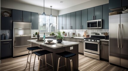 A modern kitchen with stainless steel appliances, sleek countertops, and an assortment of cooking utensils. Generative ai