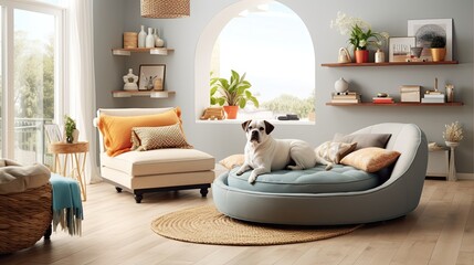 A pet-friendly living room with durable furniture, pet beds, and toys. Generative ai
