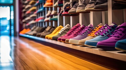 A row of colorful sneakers and sports shoes lined up on a shelf in a shoe store. Generative ai