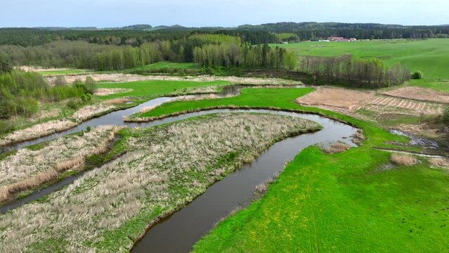 Top view of small river Lyna flowing in Warmia, northern Poland, Europe