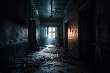 Abandoned and Afraid: Exploring the Horror of an Empty, Dirty and Broken Hall on a Frightful Halloween Night: Generative AI