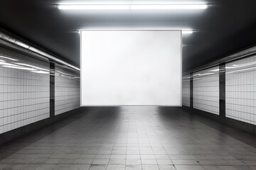 Fototapeta premium Create a Unique Design for Your Subway Ads: Blank White Sign Template in Underground Tunnel: Generative AI