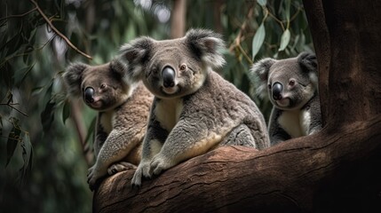 Cuteness Defined: A Pair of Australian Koala Bears in Love on a Eucalyptus Tree Branch: Generative AI