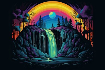 Glimmering Reflection of a Rainbow Moon in a Woodland Waterfall: Generative AI