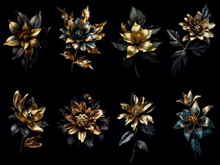 Beautiful golden flowers set with black leaves isolated on a dark black background. Creative mystery concept. Elegant love and passion floral set. 3d Illustration