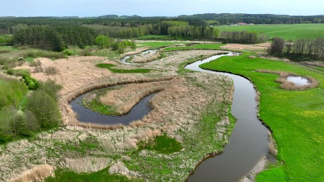 Top view of small river Lyna flowing in Warmia, northern Poland, Europe