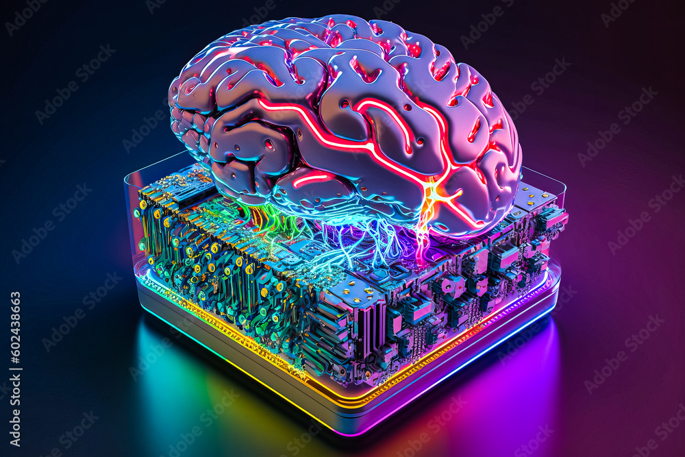 Poster ai chipset with human brain on computer circuit board. artificial intelligence, data mining, and dee