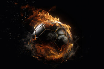 Burning soccer ball on black background, a symbol of the fierce competition and passion for the sport, AI Generative.