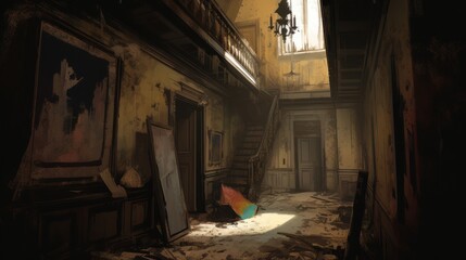 creepy interior of an abandoned building background, concept art, digital illustration, haunted house, scary interior, Generative AI