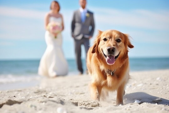 dog on the beach during the wedding ai generative