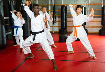 Fototapeta premium Multiracial group of men and women in kimono performing kata in gym during training.