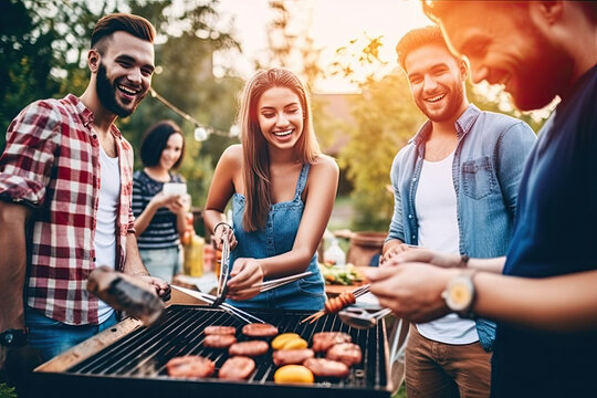 Friends having fun, grilling meat and enjoying a barbecue, generative ai
