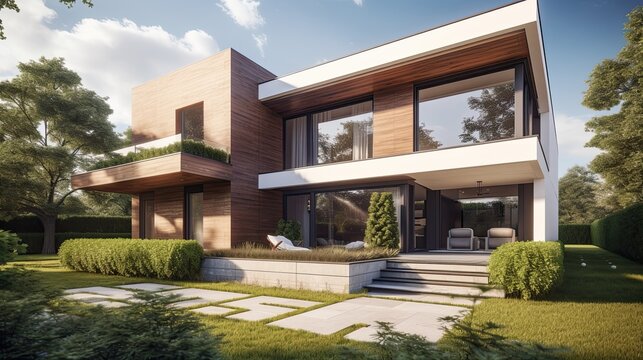 Contemporary Design of a Brand New Luxury Home: Beautiful 3D Illustration of Exterior Elevation and Entrance. Generative AI