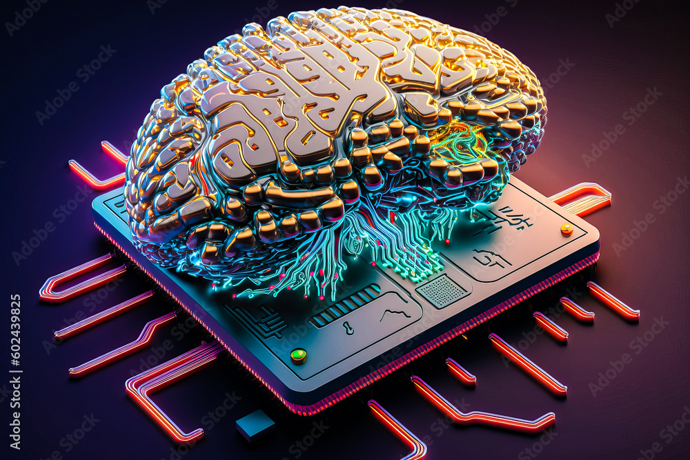 Poster ai chipset with human brain on computer circuit board. artificial intelligence, data mining, and dee
