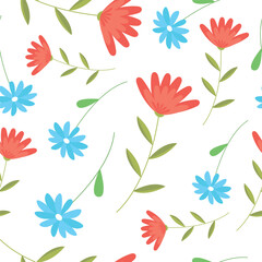 Summer floral seamless pattern with delicate pink and blue flowers.