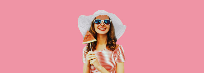 Summer portrait of happy cheerful young woman with fresh juicy fruits, lollipop or ice cream shaped...